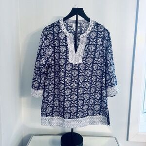 Sigrid Olsen Womens M Coastal Blue White Cotton Tunic Embroidered Beach Cruise
